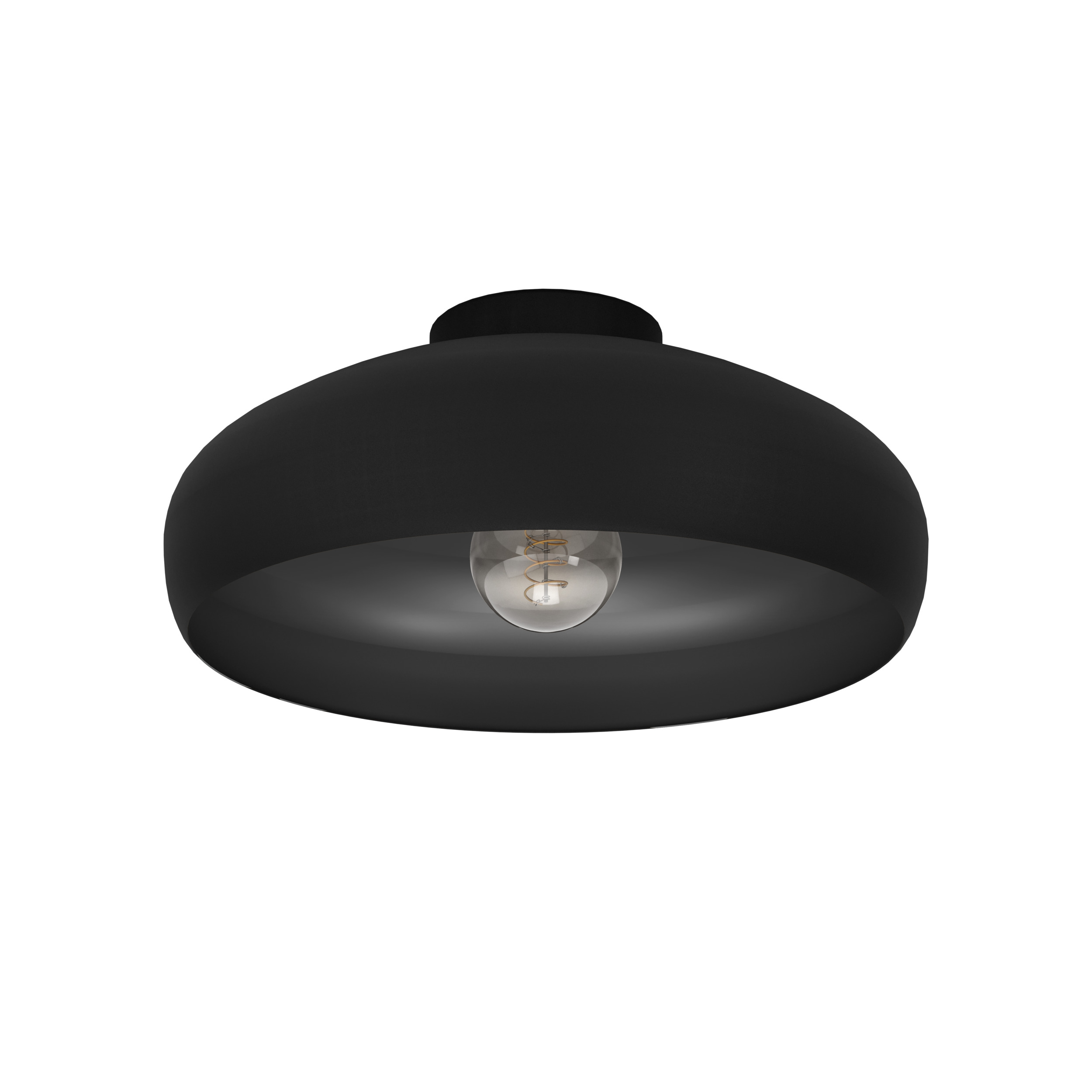 Una lampada a sospensione nera è appesa al soffitto. Una lampadina è visibile all'interno del paralume su sfondo bianco.