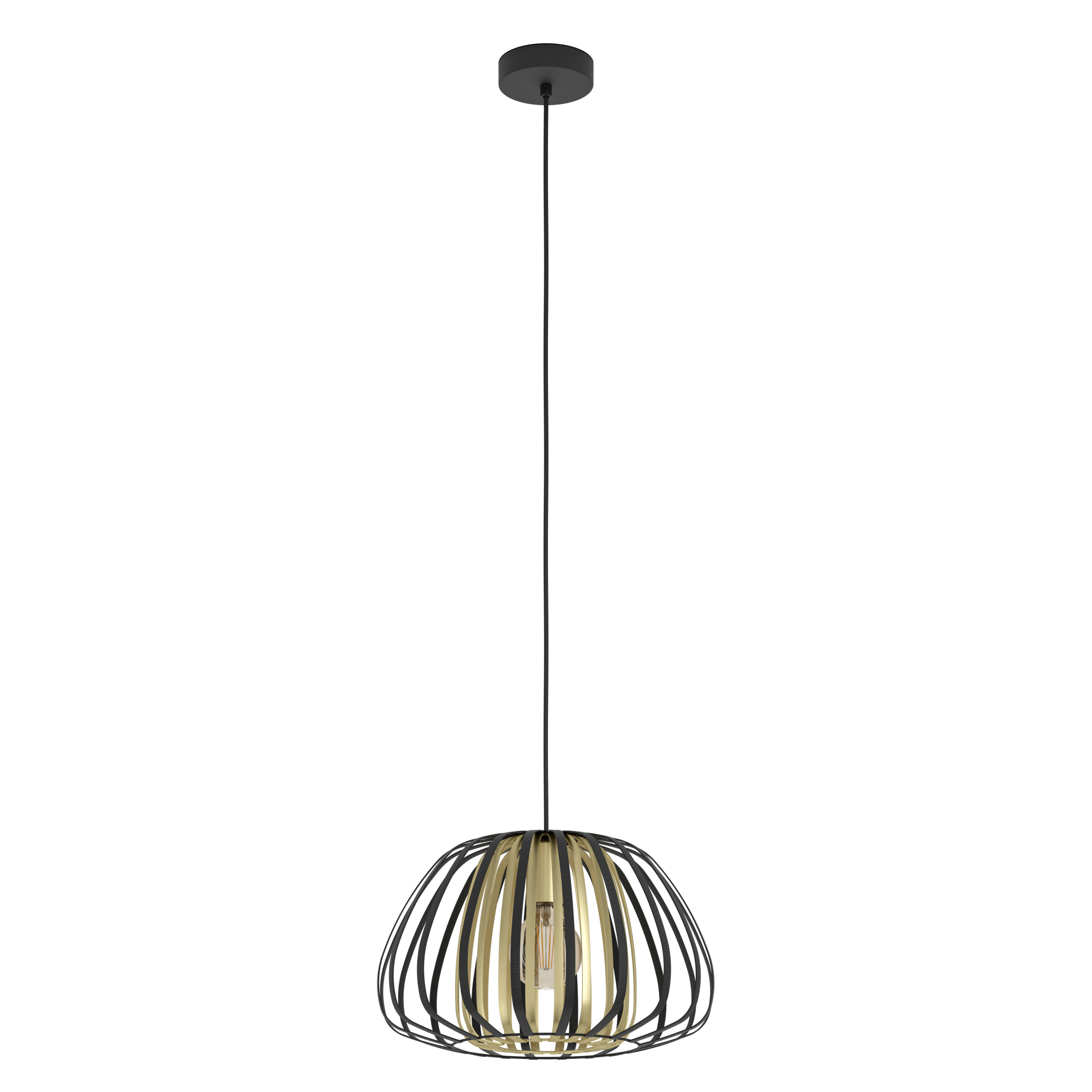 Eine Pendelleuchte mit einem käfigartigen Schirm in Schwarz und Gold hängt an einem schwarzen Kabel.