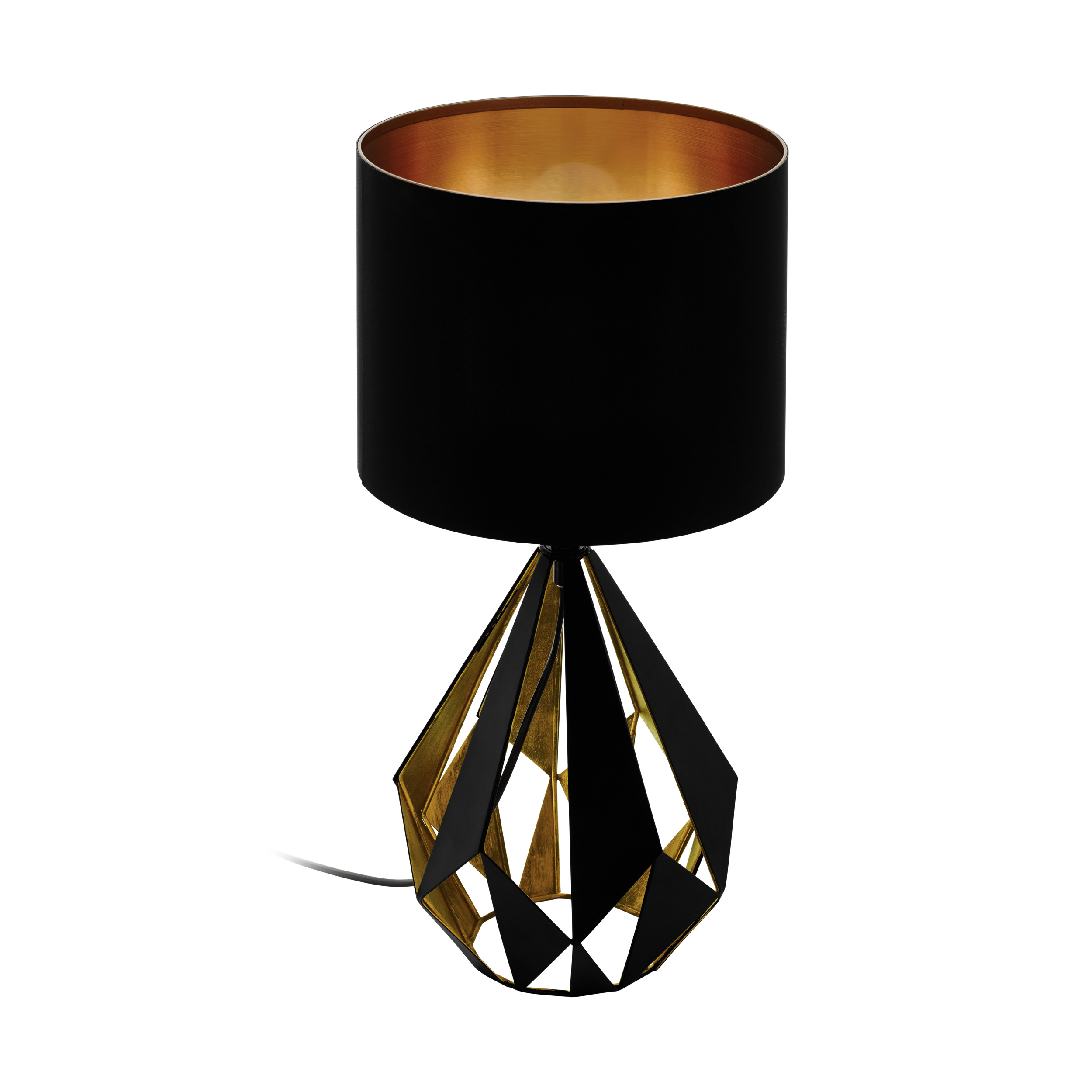 Eine schwarz-goldene geometrische Tischlampe mit schwarzem Lampenschirm und goldener Innenausstattung.
