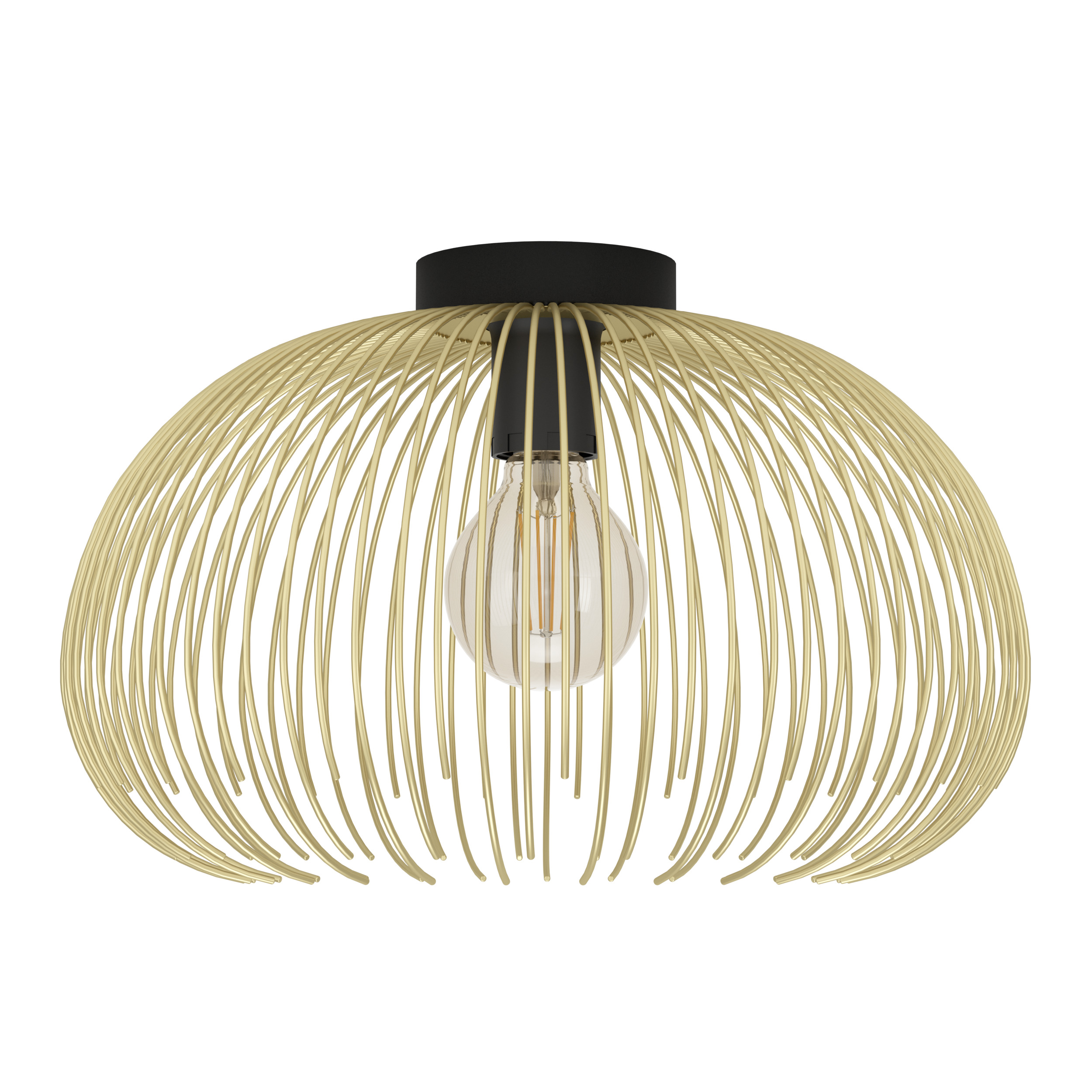 Luminaire moderne avec une armature en fil d'or et une ampoule au centre, socle noir, isolé sur fond blanc.