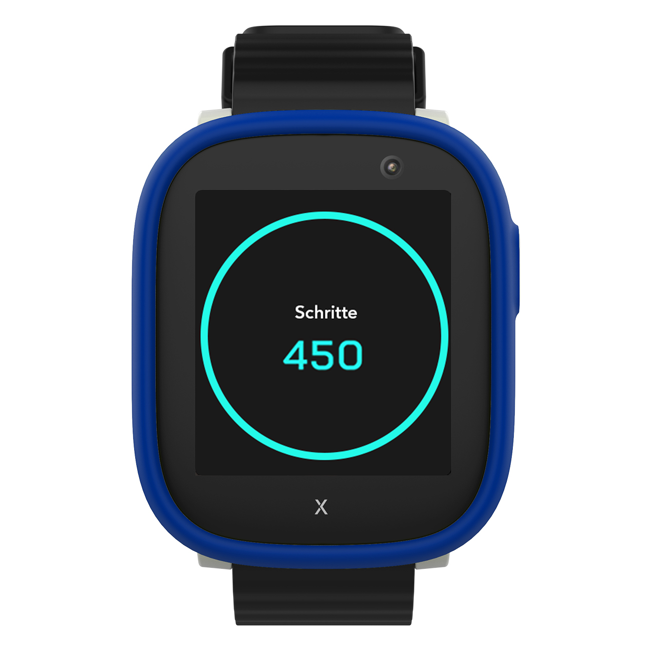 Eine blaue Smartwatch zeigt 'Schritte' und '450' in einem Kreis. Die Uhr hat ein schwarzes Armband und eine Kamera.