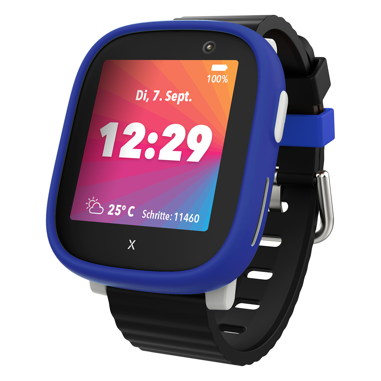 Eine blaue und schwarze Smartwatch, die Uhrzeit, Datum, Schritte und Temperatur anzeigt. Die Uhr befindet sich auf weißem Hintergrund.