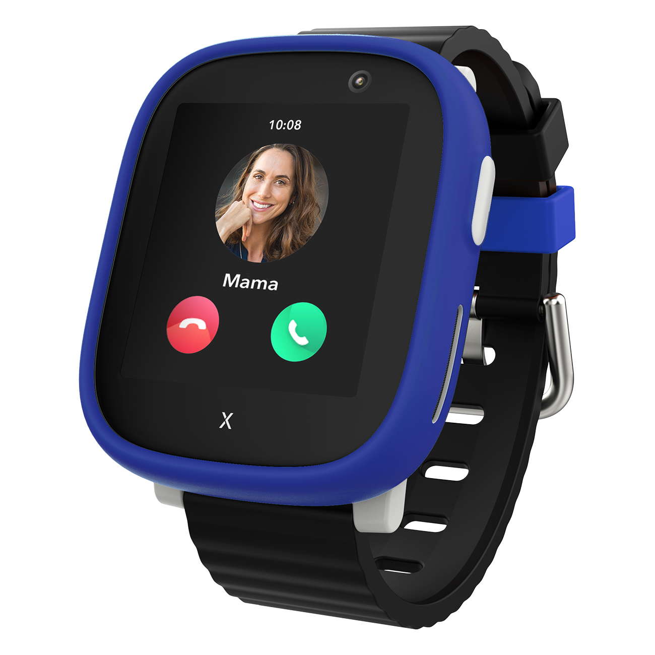 Smartwatch zeigt einen Anruf von 'Mama'. Der Bildschirm zeigt das Gesicht einer Frau, eine rote Ablehnungstaste und eine grüne Akzeptiertaste.