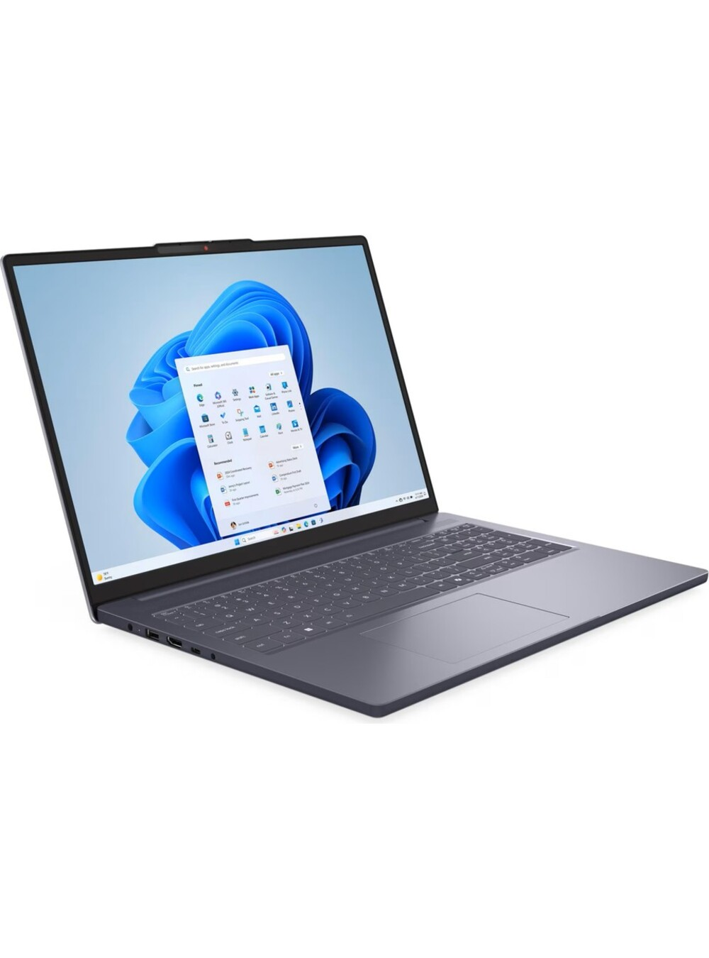 Beyaz bir arka plan üzerinde gri bir dizüstü bilgisayar görüntüleniyor, ekran Windows 11 arayüzünü gösteriyor.