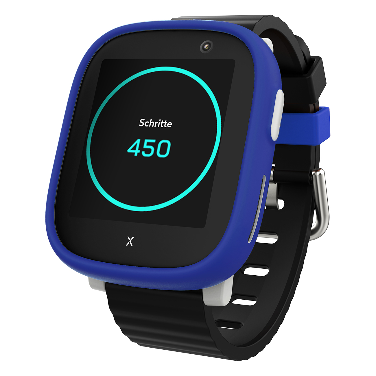 Eine blau-schwarze Smartwatch zeigt 'Schritte 450'. Sie hat ein schwarzes Armband und eine Kamera. Weißer Hintergrund.
