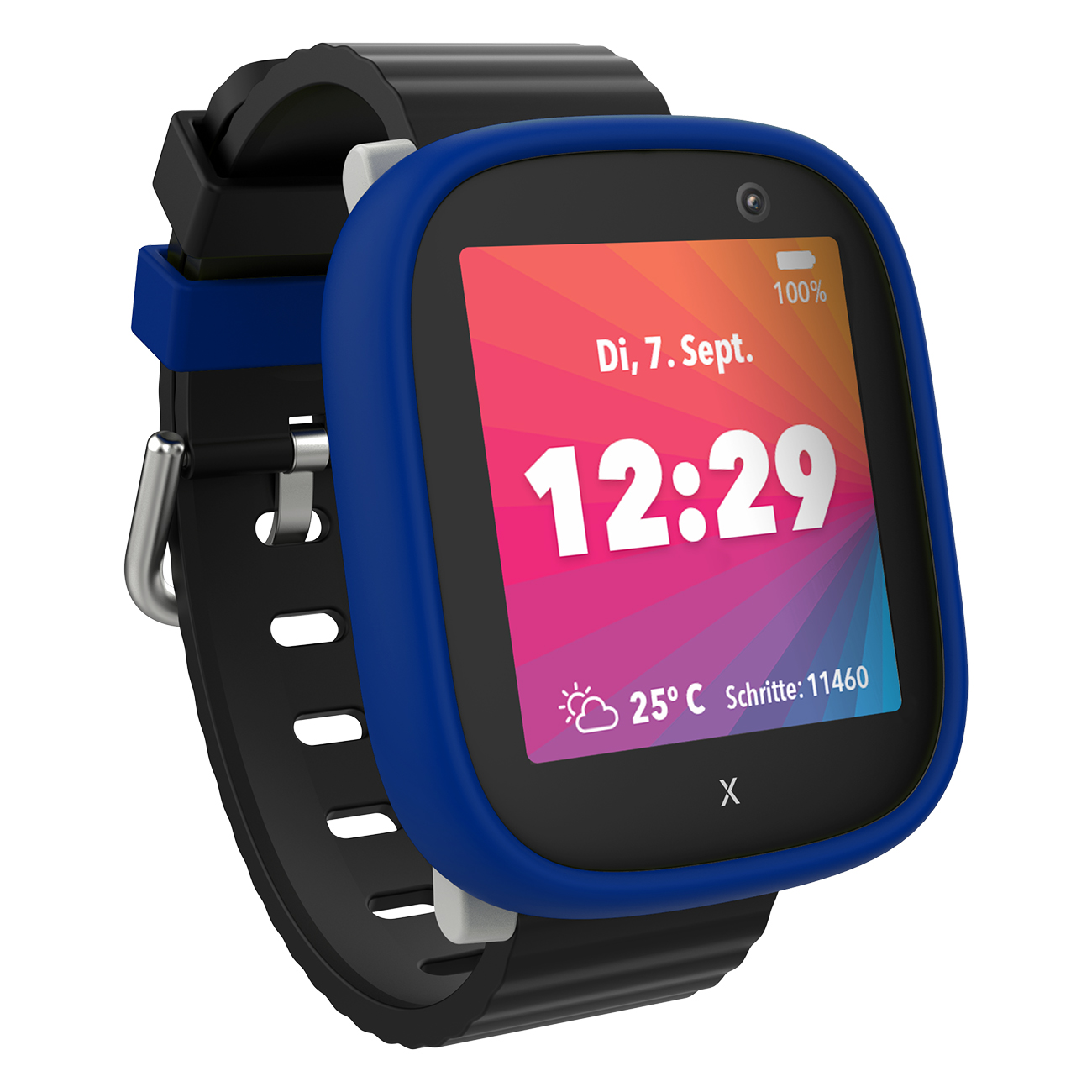Smartwatch mit blauem Rahmen, schwarzem Armband und farbenfrohem Bildschirm mit Uhrzeit, Datum und Temperatur.