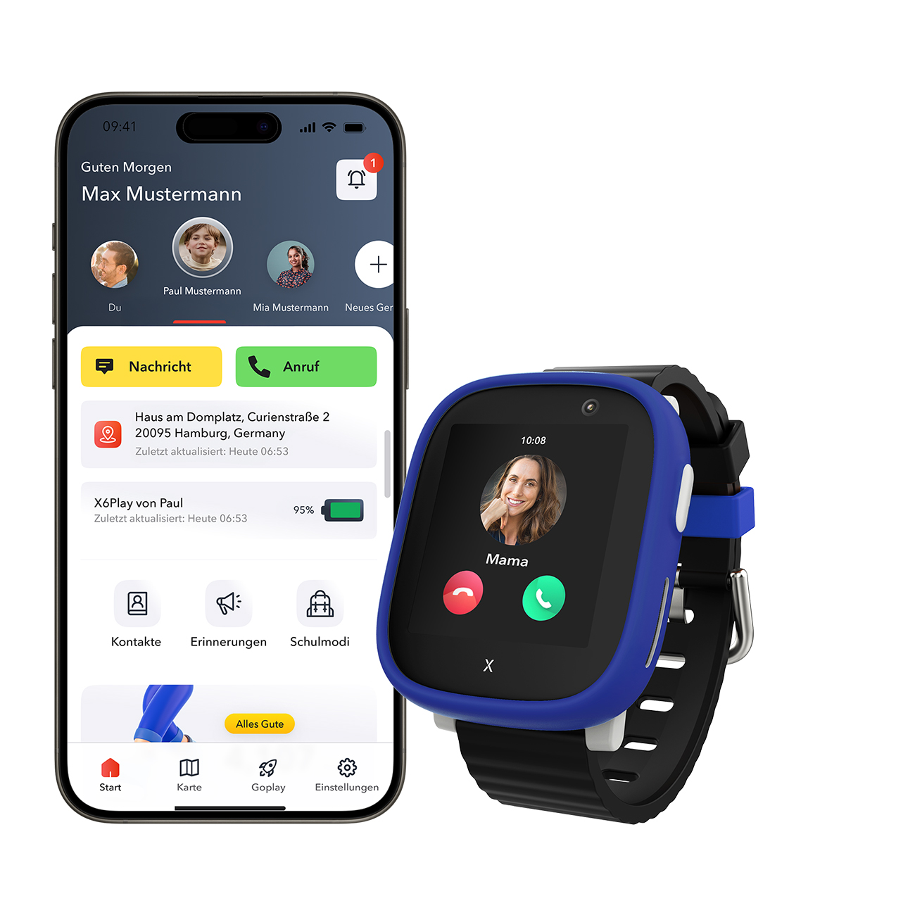 Smartphone und Smartwatch. Telefon zeigt Kontakte, Nachrichten und Standort. Uhr zeigt Frauengesicht und Anruftasten. Blaue und schwarze Farben.