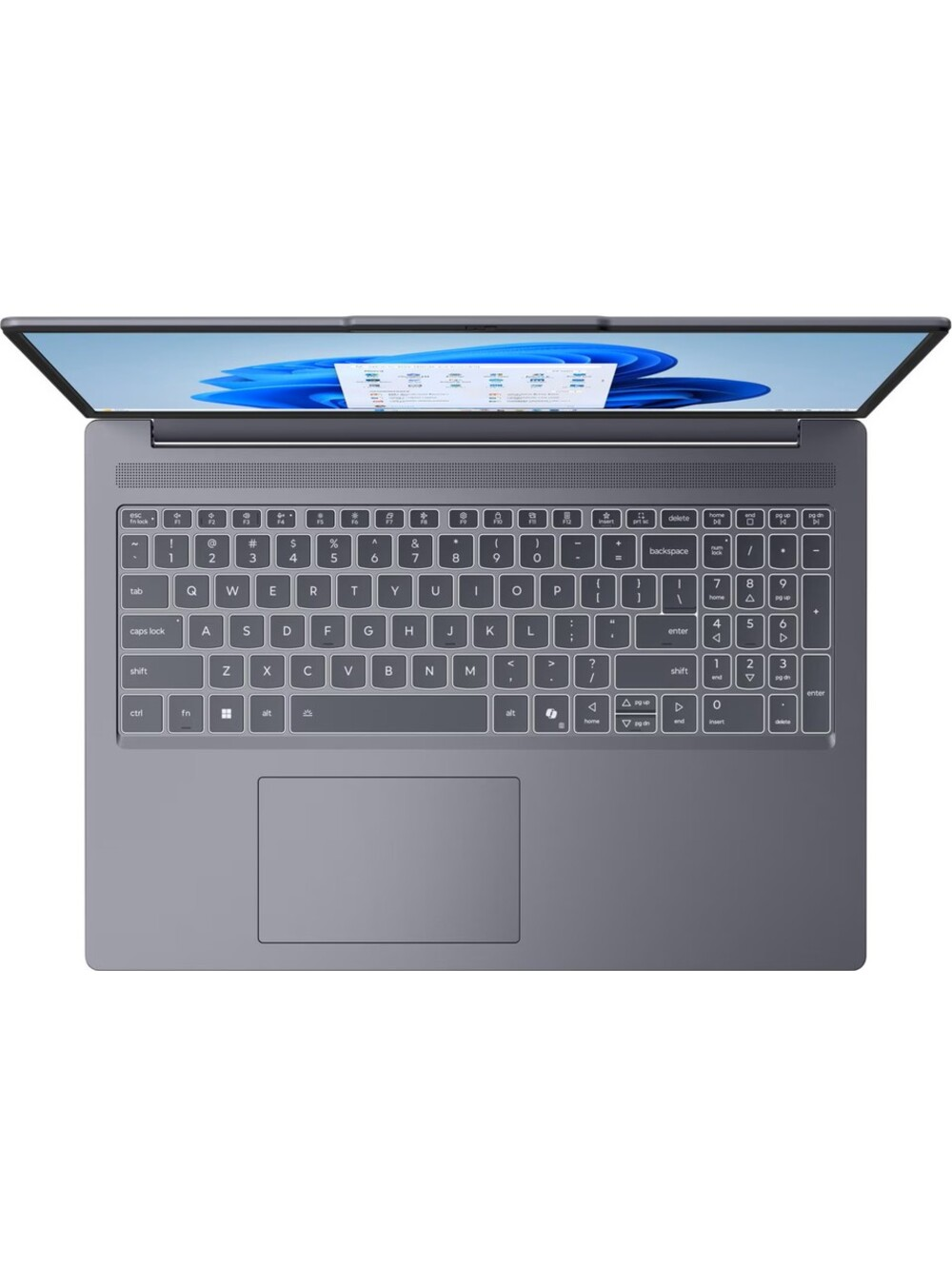 Gri bir dizüstü bilgisayarın yukarıdan görünümü, açık. Klavye odaklı, ekran Windows arayüzü gösteriyor.