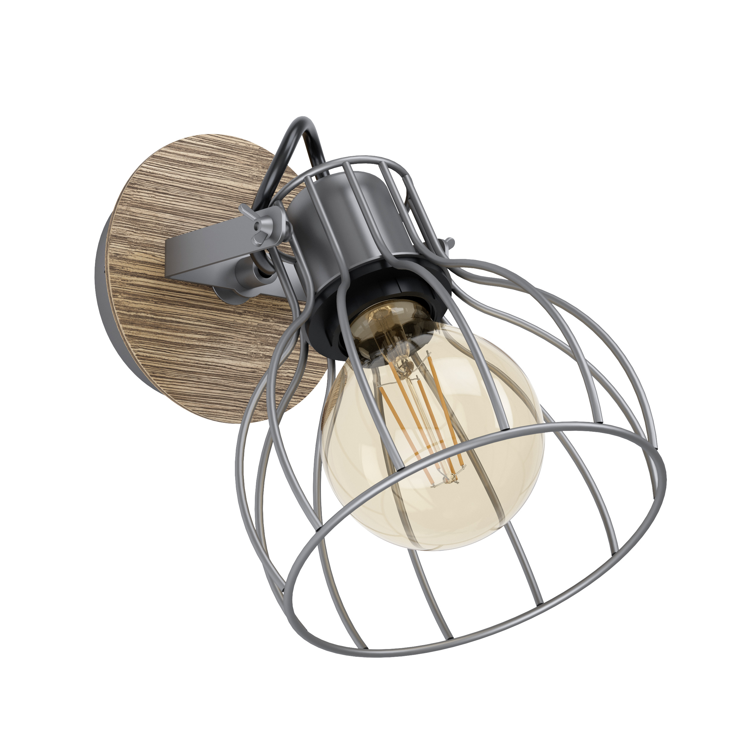 Una lampada da parete con una lampadina a gabbia. Ha una base in legno e un braccio e una gabbia in metallo.