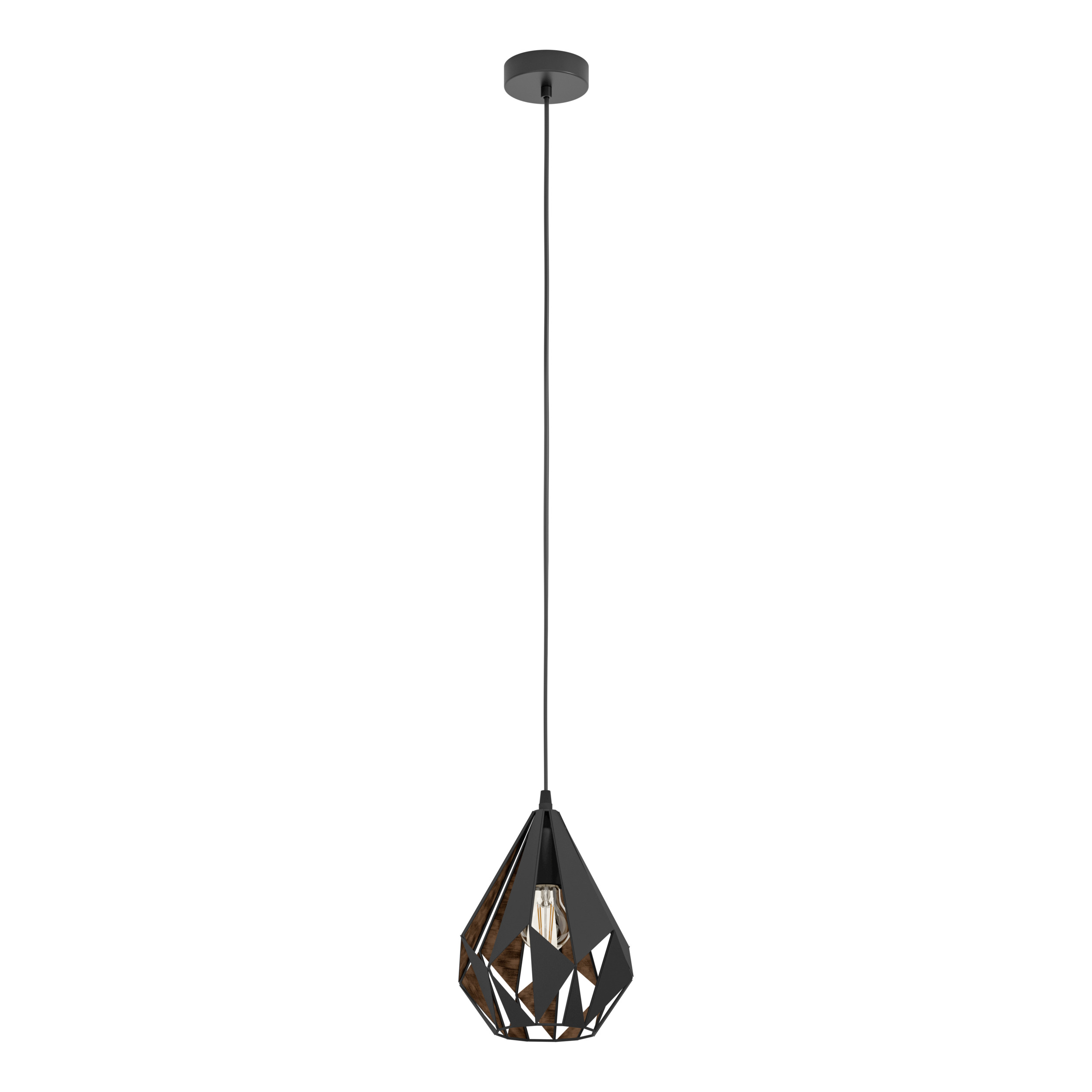 Una moderna lampada a sospensione con paralume geometrico nero, lampadina visibile e filo nero sottile.