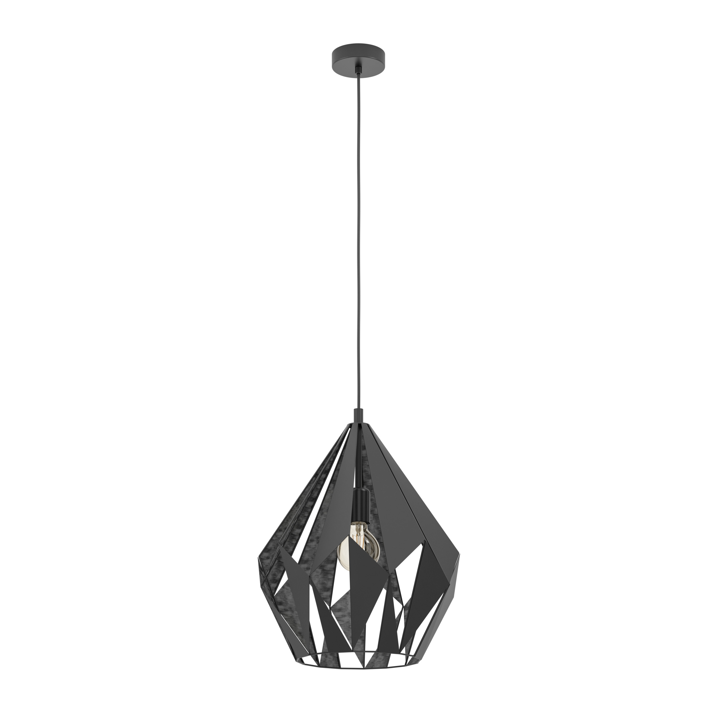 Una lampada a sospensione geometrica nera pende dal soffitto. Ha una forma a diamante con una lampadina visibile.