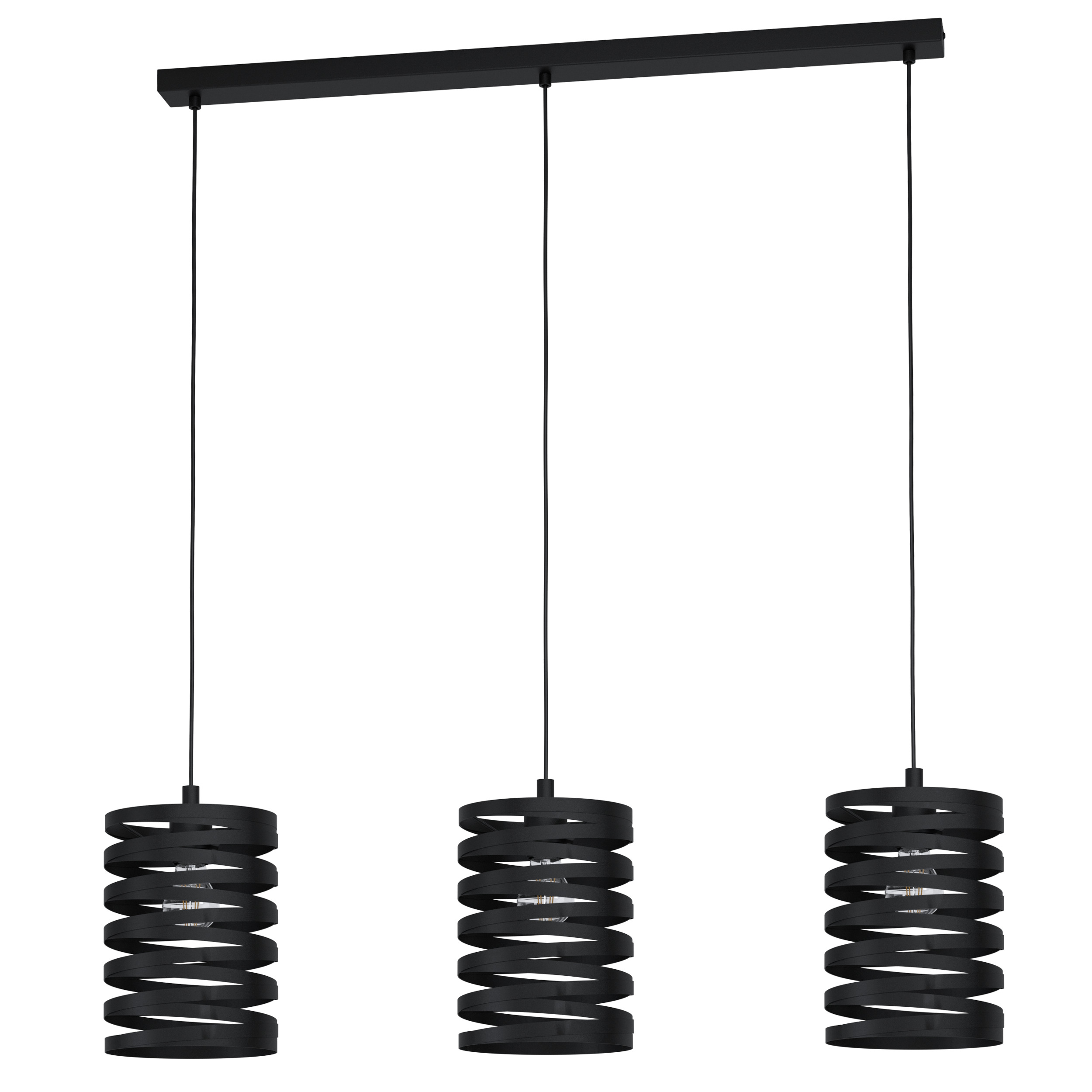 Drei schwarze Pendelleuchten in Spiralform hängen an einer schwarzen Stange. Der Hintergrund ist weiß.