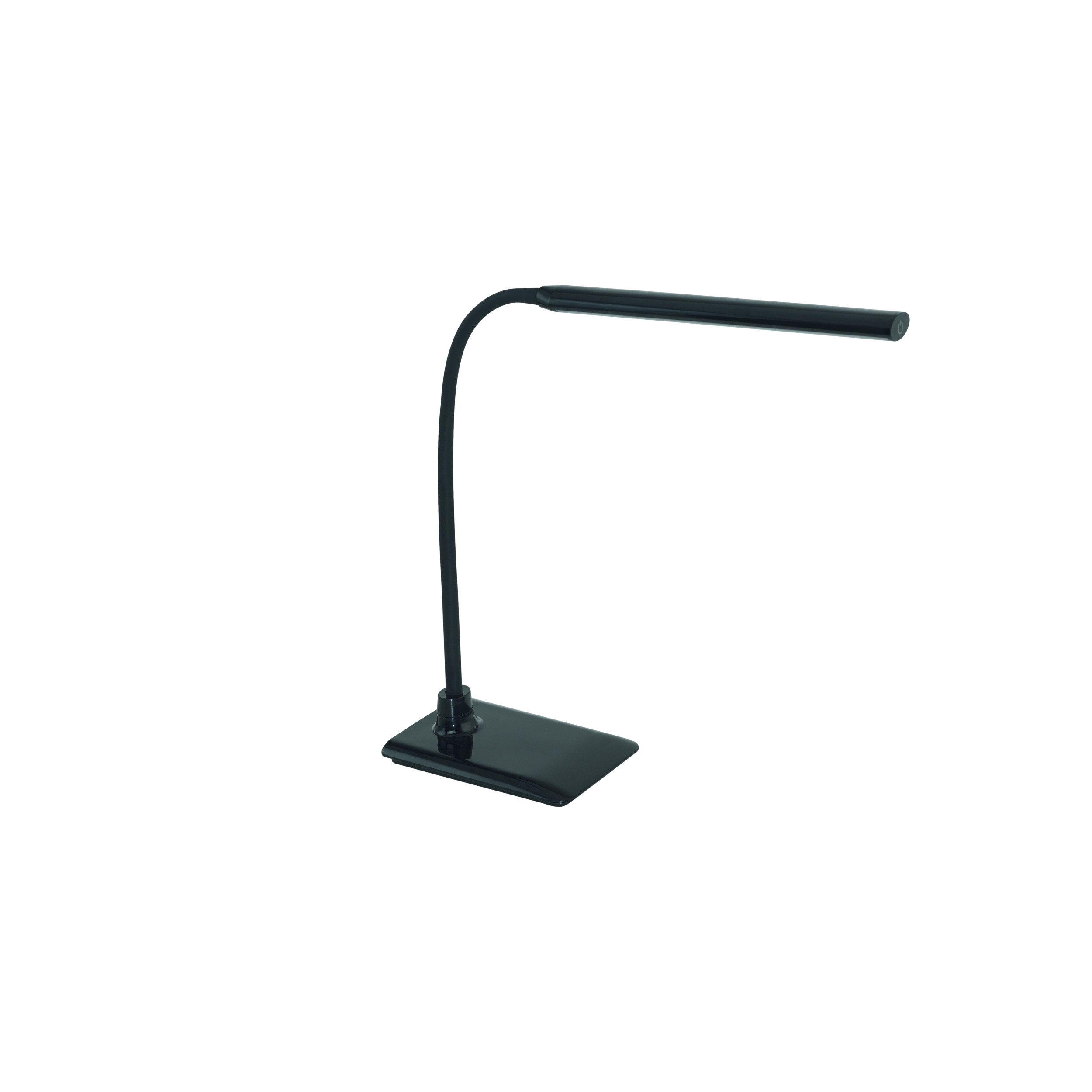 Una lámpara de escritorio negra con base rectangular, brazo curvo y luz horizontal. El fondo es blanco.