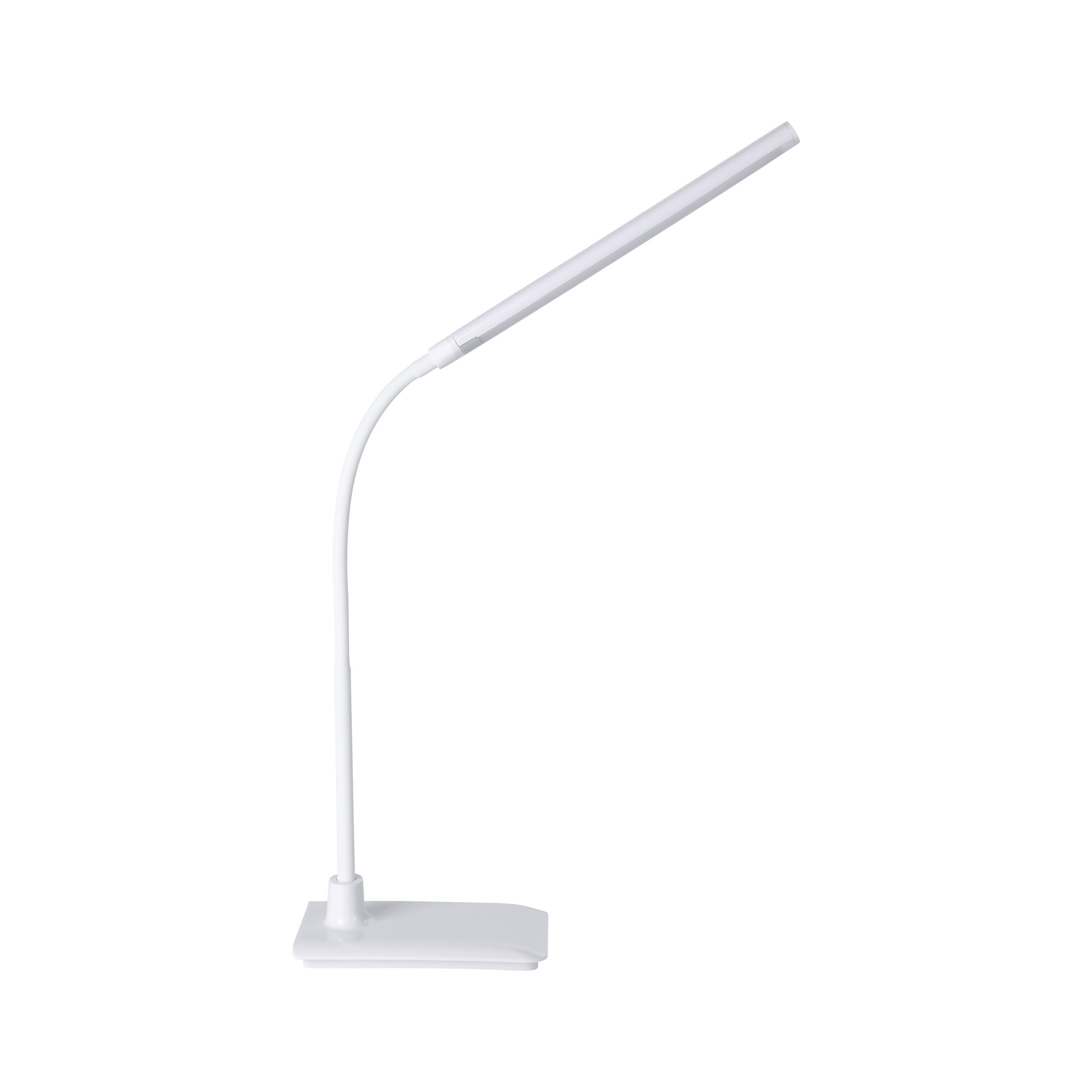 Una lampada da scrivania bianca con collo flessibile. Ha una base rettangolare e una testa allungata, isolata su bianco.