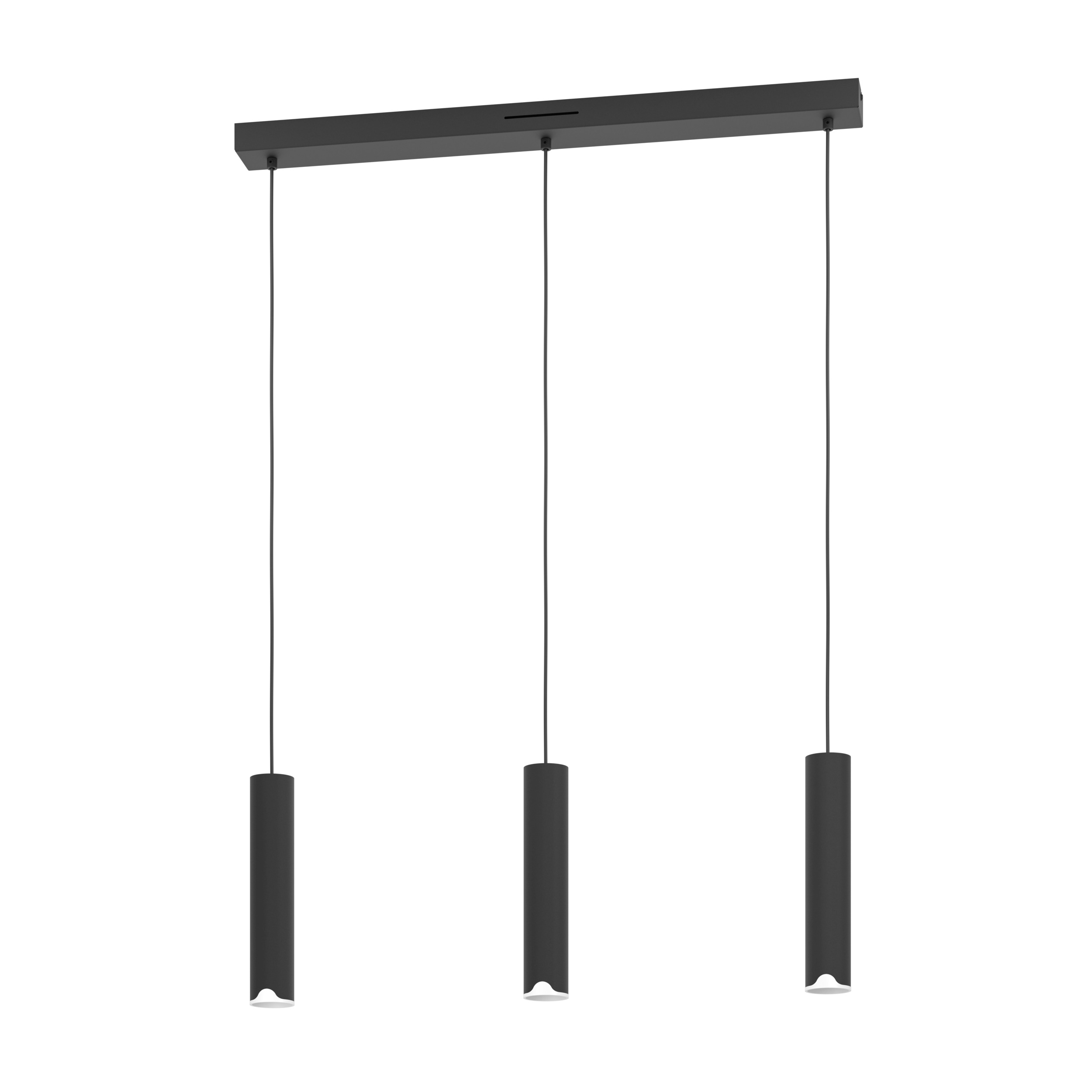 Un lampadario nero con tre lampade cilindriche sospese da una base rettangolare.