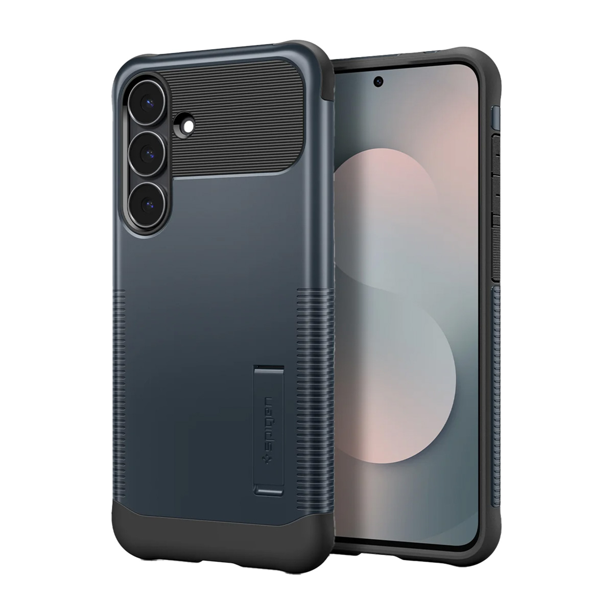 Deux smartphones avec étuis de protection. Un est bleu foncé avec un support, l'autre noir avec un écran.