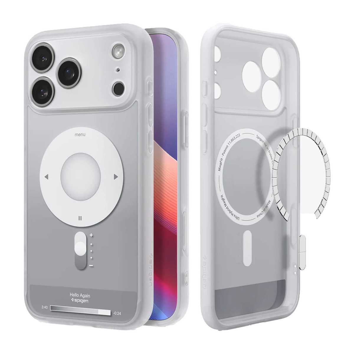 Een telefoonhoesje met een iPod-achtig ontwerp. Het is transparant en heeft een MagSafe-ring. Het scherm toont een kleurrijke afbeelding. De hoes is wit.