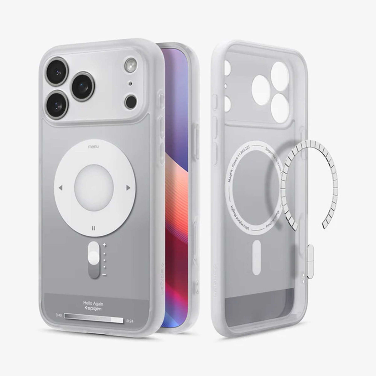 Coque transparente pour iPhone avec design iPod, montrant l'avant et l'arrière. La coque a un anneau MagSafe, le téléphone est visible.