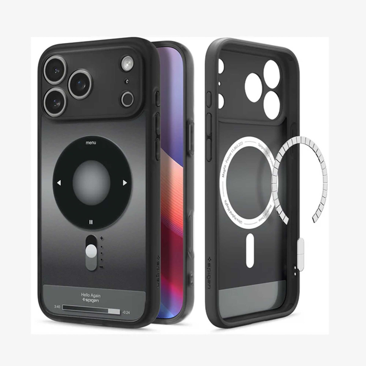 Coque de téléphone noire avec un design ressemblant à un ancien iPod. La coque est ouverte, montrant l'écran du téléphone. Une autre coque est montrée séparément.