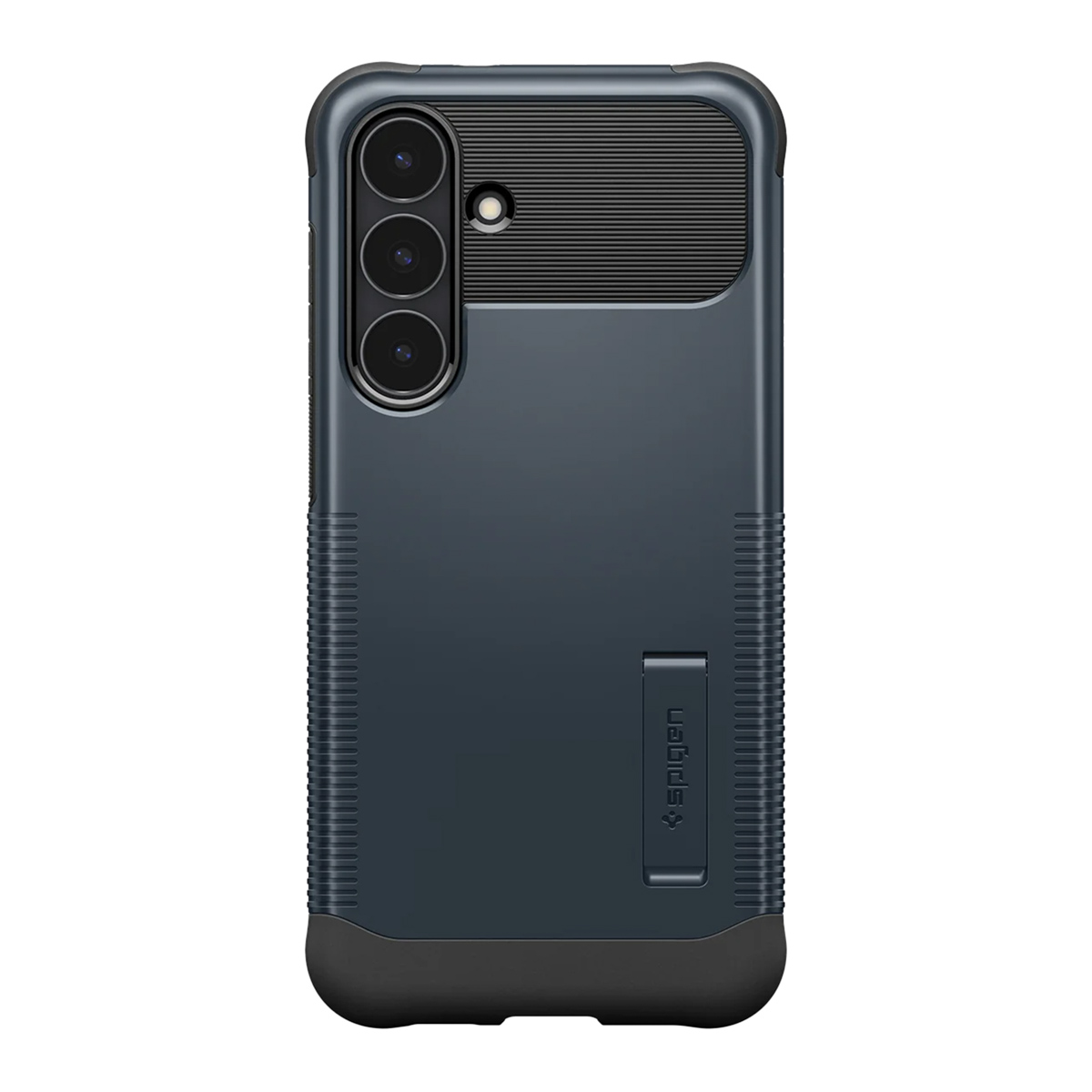 Une coque de téléphone bleu foncé avec une découpe pour l'appareil photo. Possède un pied et des côtés texturés. La marque 'Spigen' est visible.