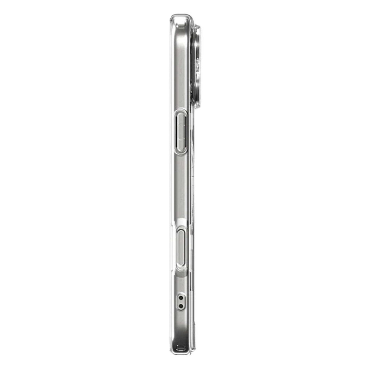 Widok z boku przezroczystego etui na telefon. Etui ma przezroczysty design, pokazujący bok telefonu z wycięciami na przyciski.