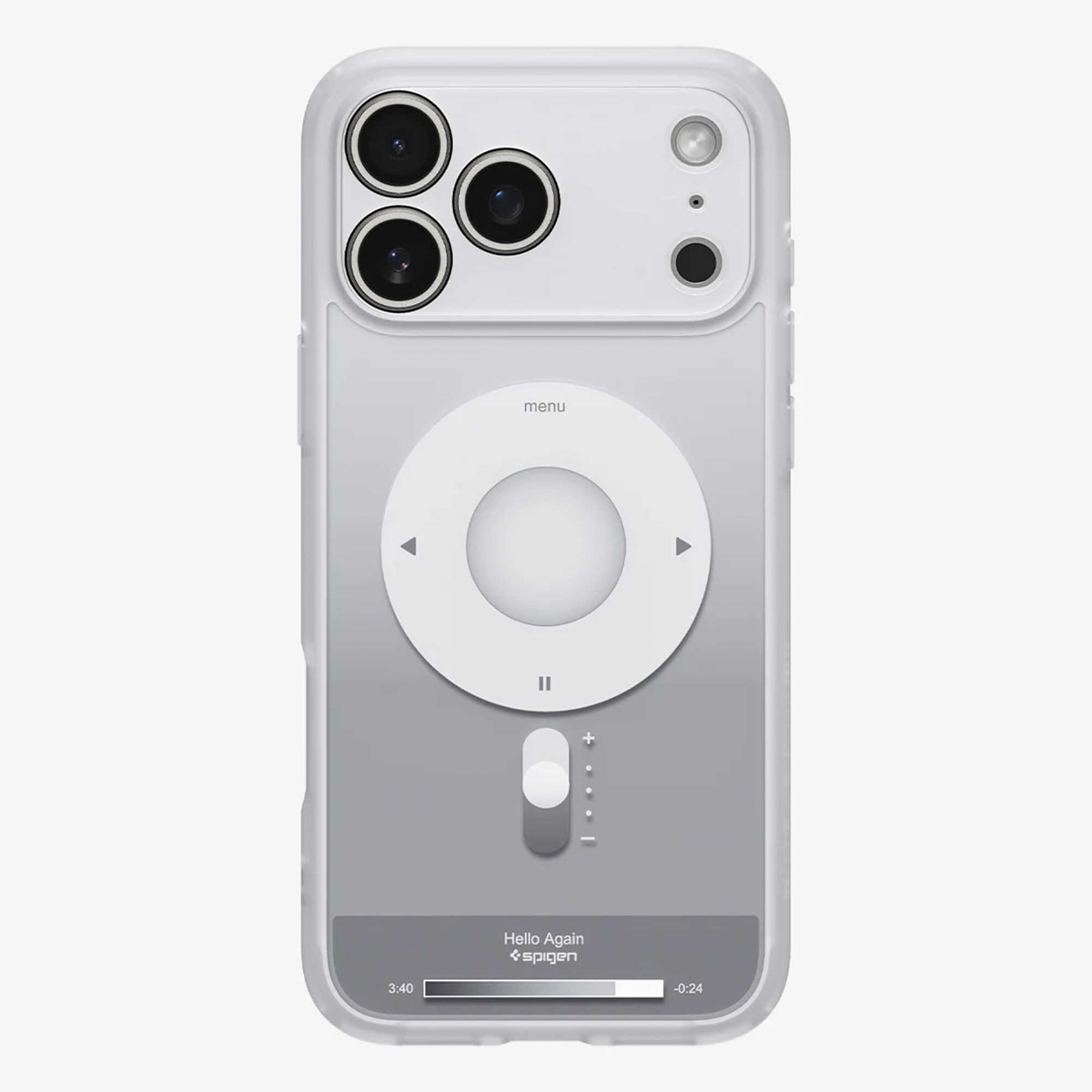 Een witte iPhone-hoes met een iPod-ontwerp. Het heeft een cirkelvormig bedieningspaneel, een schuifregelaar en de woorden 'Hello Again' en 'Spigen'.