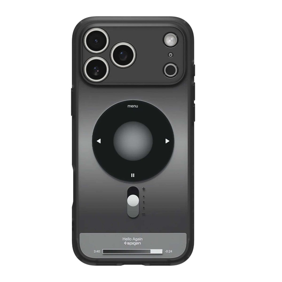 Une coque de téléphone avec un design iPod Classic. Comprend des lentilles de caméra, une commande circulaire et un curseur. La coque est grise.