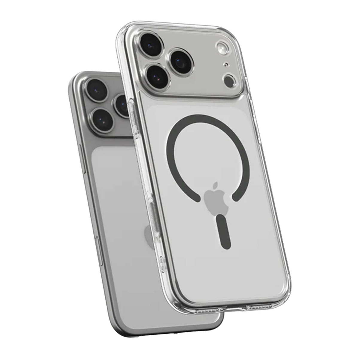 Dwa przezroczyste etui na telefon. Jedno ma logo Apple z pierścieniem magnetycznym. Oba mają wycięcia na aparat na białym tle.