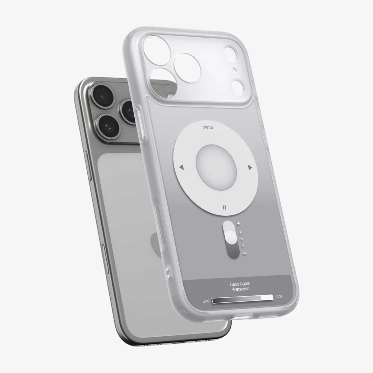 Een iPhone met een transparante hoes. Het ontwerp van de hoes imiteert een iPod, met een circulair bedieningspaneel en een schuifregelaar.