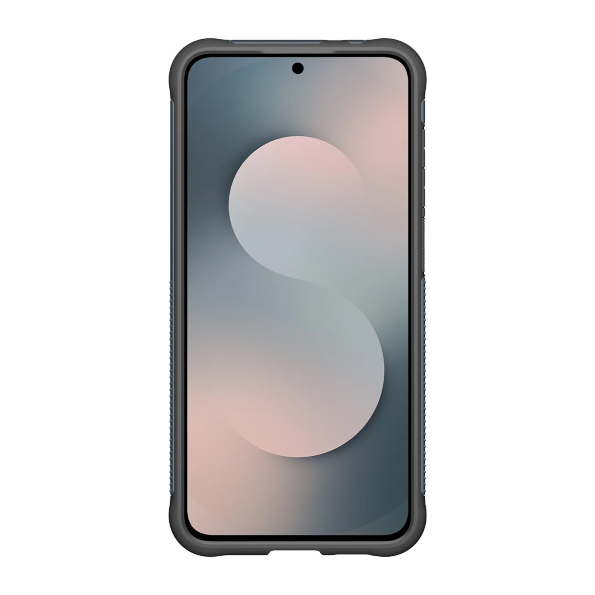 Un smartphone avec un écran affichant un design blanc et gris. Il est dans un étui de protection bleu foncé. Le fond est blanc.
