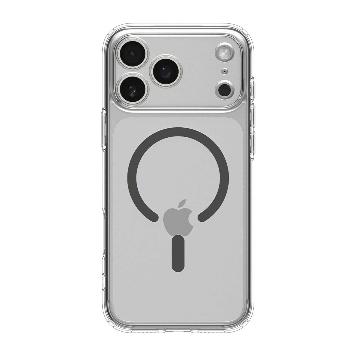 Przezroczyste etui na telefon z logo Apple. Posiada zestaw aparatów i magnetyczny pierścień ładujący.