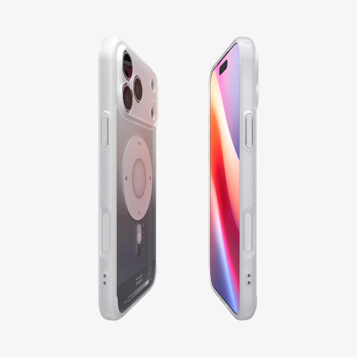 Twee smartphones in witte hoesjes. Eén toont een muziekinterface, de andere een kleurrijk display. Beide zijn in zijaanzicht.
