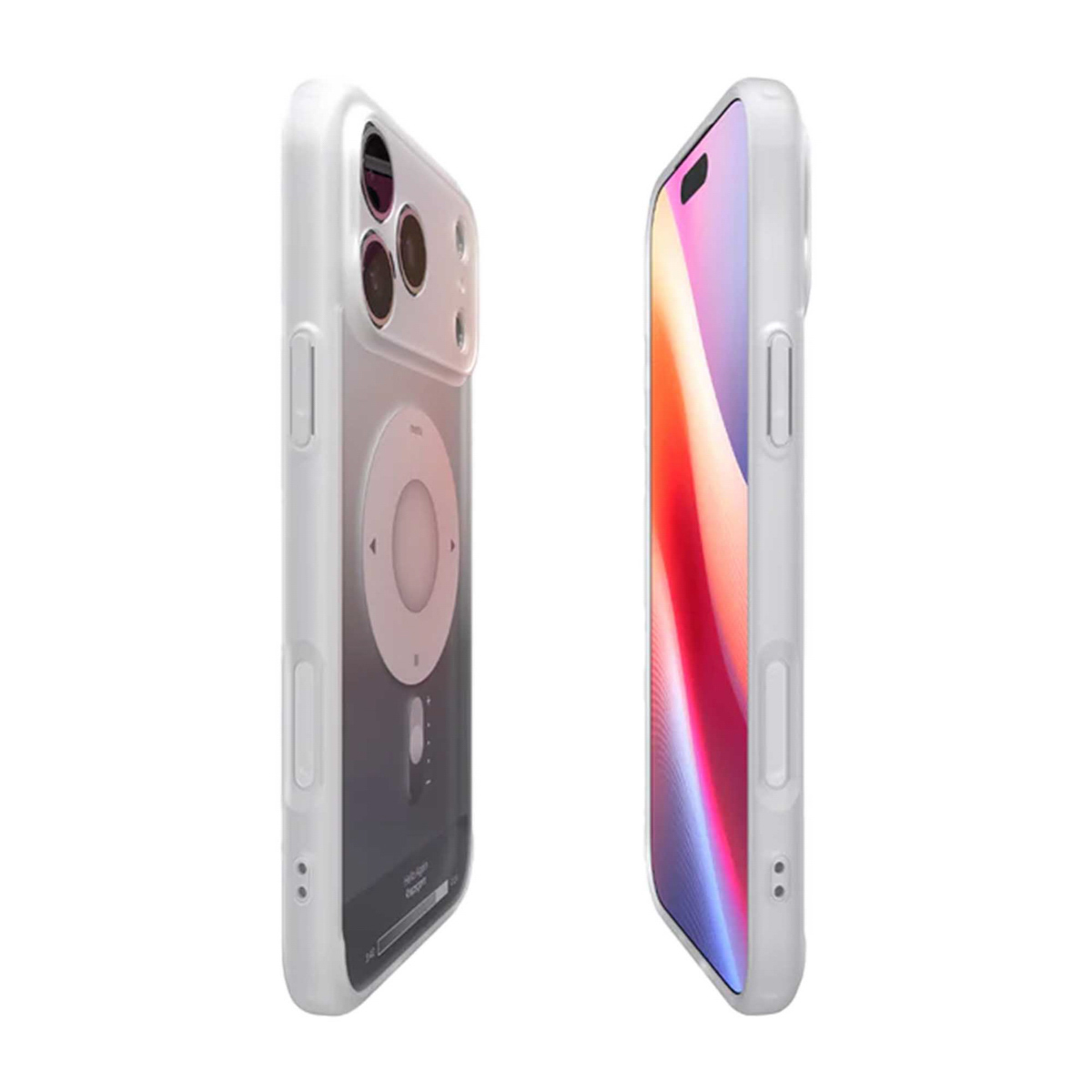 Deux appareils blancs semblables à l'iPhone. L'un a un étui transparent avec un design circulaire, l'autre affiche un écran coloré.