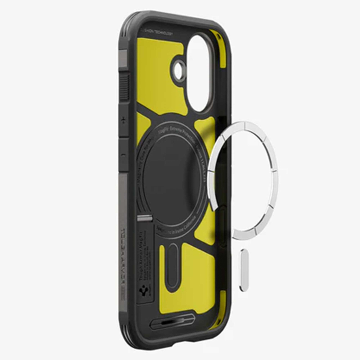 Custodia per telefono nera e gialla con un anello argentato. La custodia ha testo e fori per la fotocamera e i pulsanti. Lo sfondo è bianco.