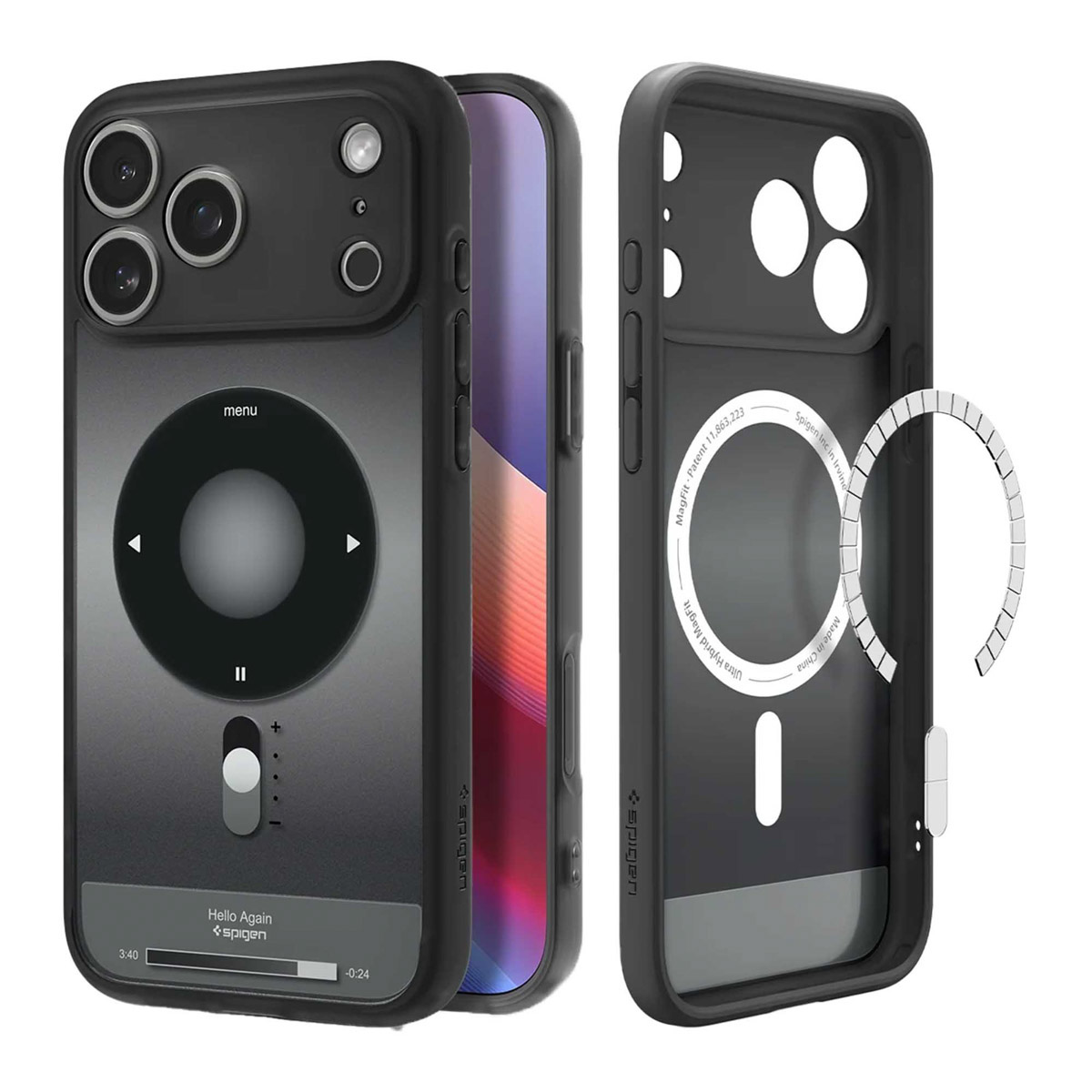Zwarte telefoonhoes met een iPod-achtig ontwerp. Een gedeeltelijk zichtbare telefoon zit erin. De hoes is open en toont de binnenkant en een magnetische ring.