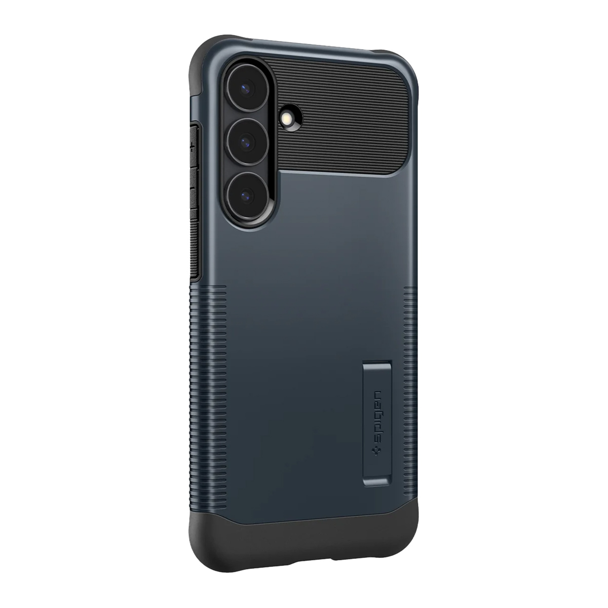 Une coque de téléphone bleu foncé avec un ensemble de caméras et un support. L'étui a des sections nervurées et lisses. Marque : 'Spigen'.