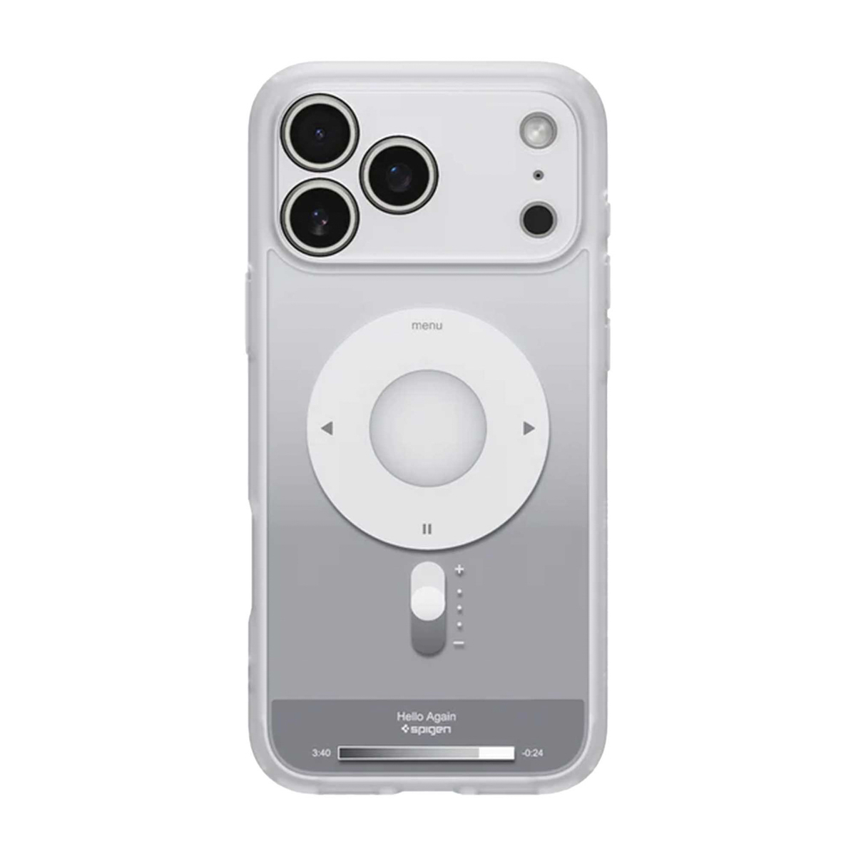 Une coque de téléphone imitant un design iPod. Comprend un pavé de commande circulaire, un écran et une coque de protection transparente.