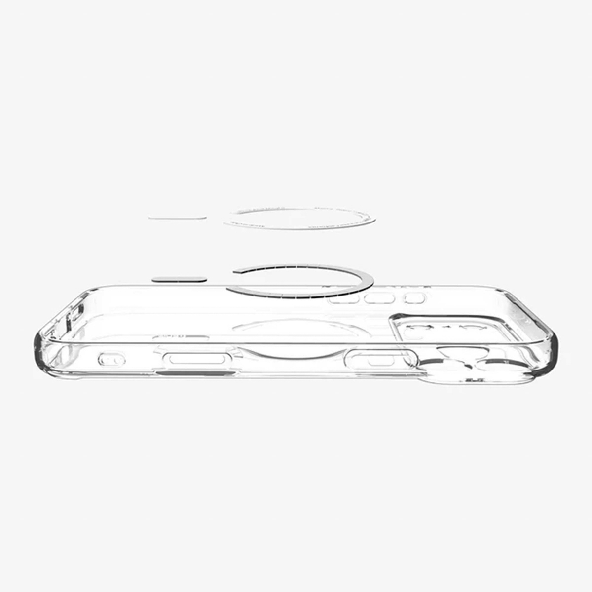 Przezroczyste etui na telefon z pierścieniem magnetycznym i innymi odłączonymi elementami. Tło jest białe.