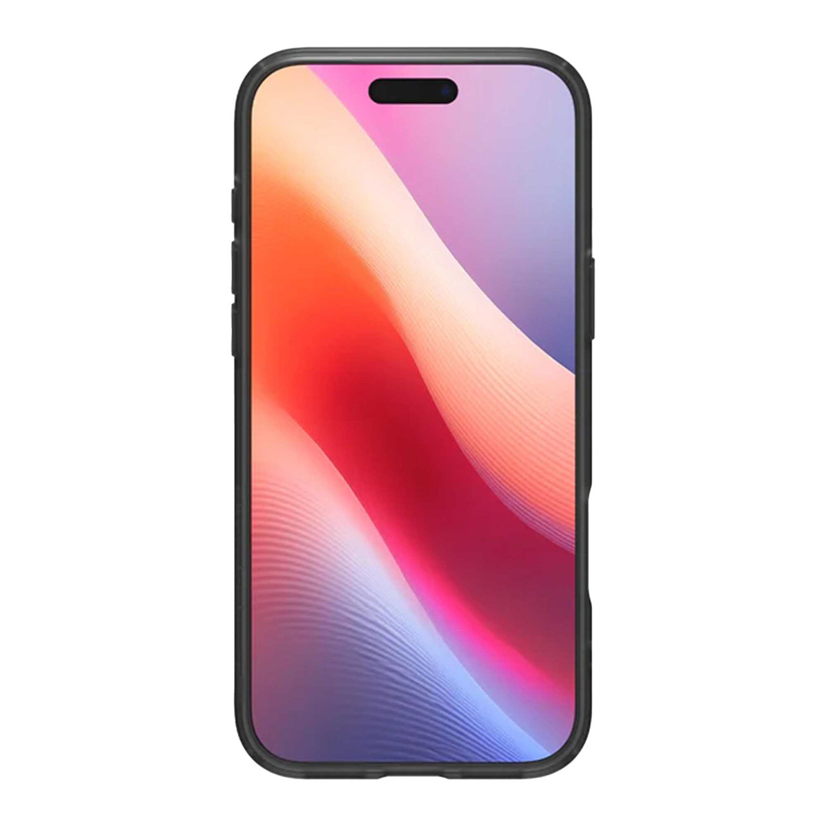 Un smartphone avec un cadre noir. L'écran affiche un design abstrait coloré avec des teintes rouges, roses et violettes.