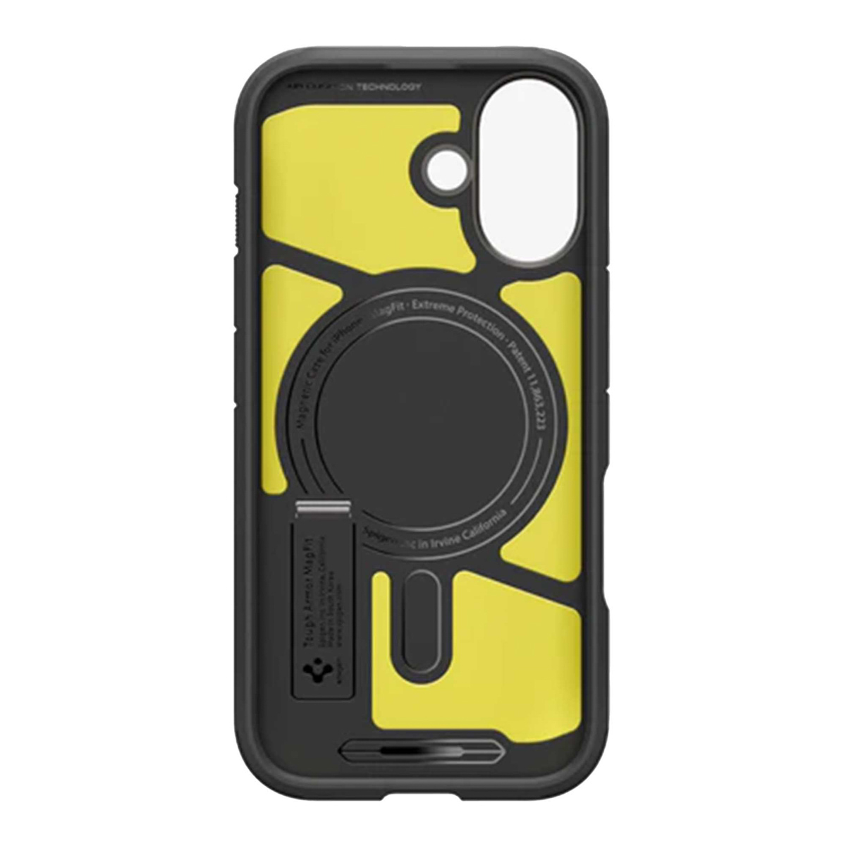 Custodia per telefono nera e gialla. Presenta un design MagFit, con testo che include 'Tough Armor' e 'Spigen in Irvine California'.