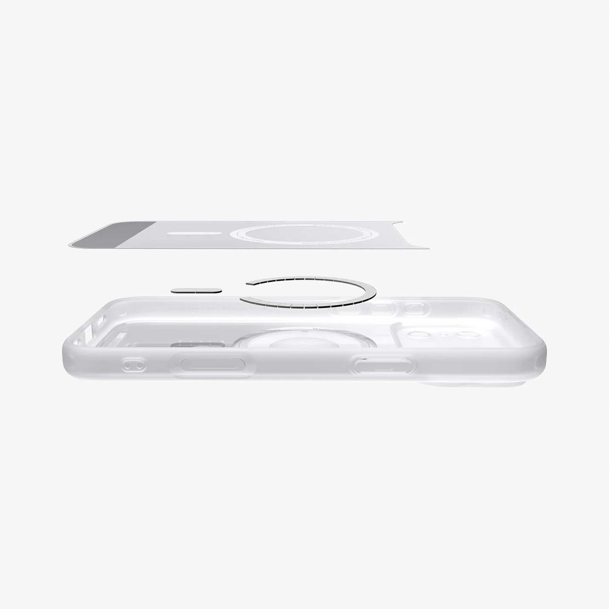 Transparante telefoonhoes met componenten in lagen getoond. Een ring en een rechthoekig stuk boven de hoes, alles op een witte achtergrond.