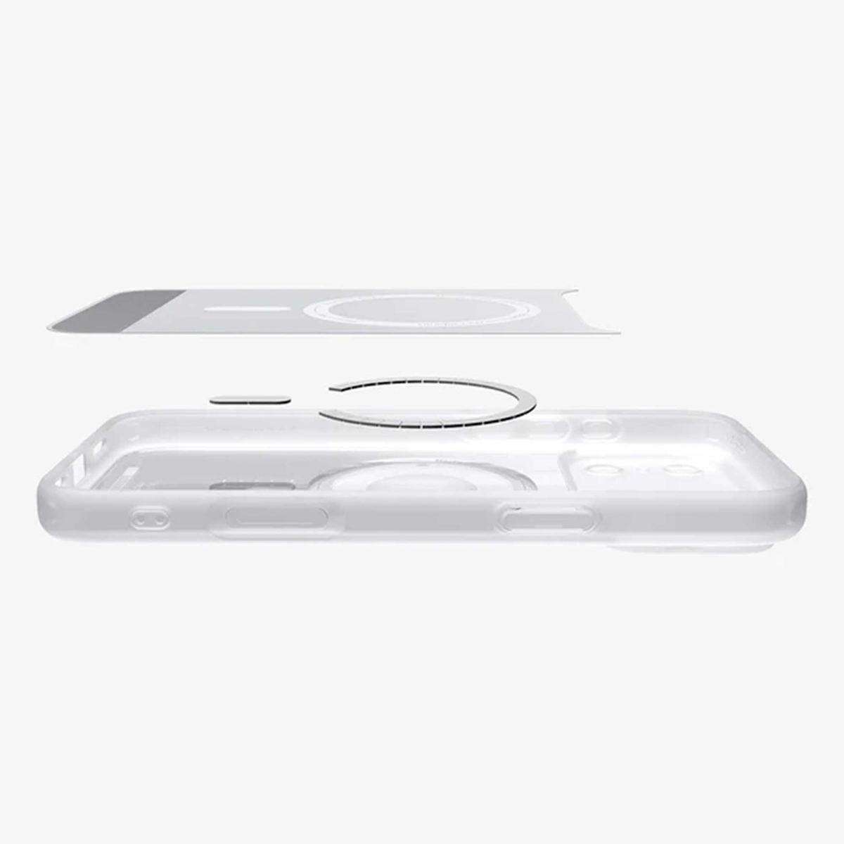 Une coque de téléphone transparente, avec des composants de chargement magnétiques séparés au-dessus. Le fond est blanc uni.