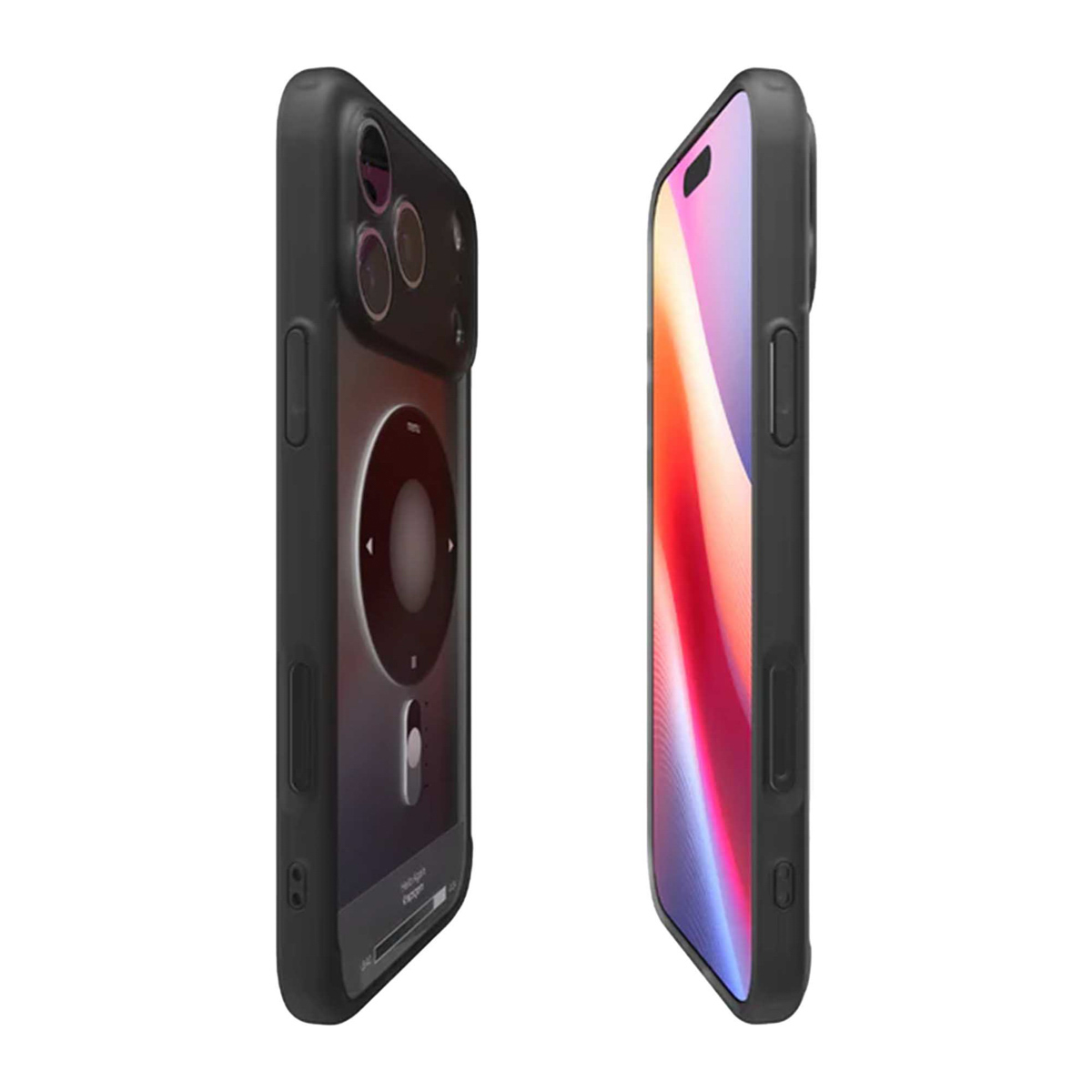 Deux smartphones noirs, côte à côte, légèrement inclinés. L'un affiche une interface iPod, l'autre un écran coloré.