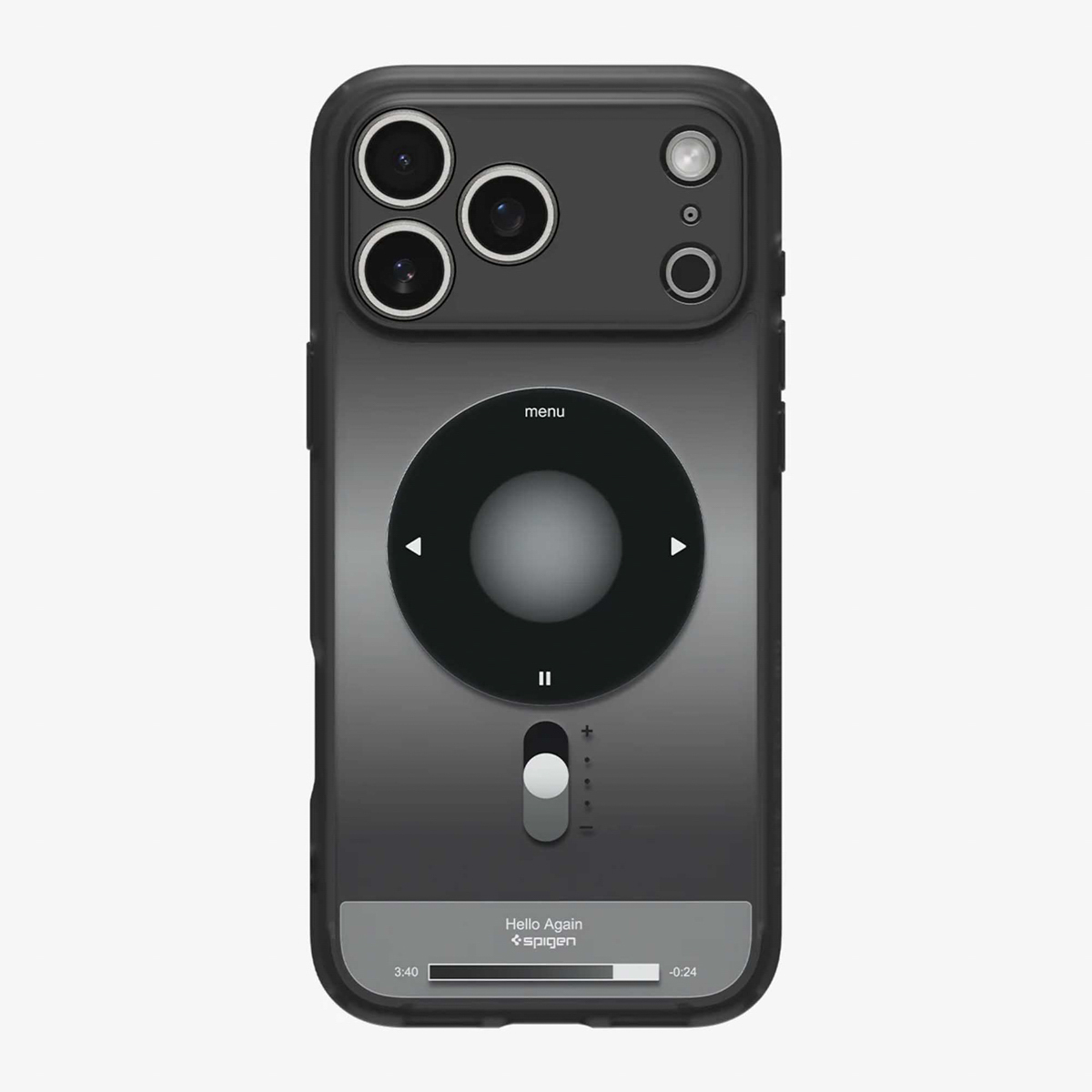 Een telefoonhoesje dat ontworpen is om op een iPod te lijken. Het heeft een zwarte interface met een klikwiel en een muziekbalk onderaan.