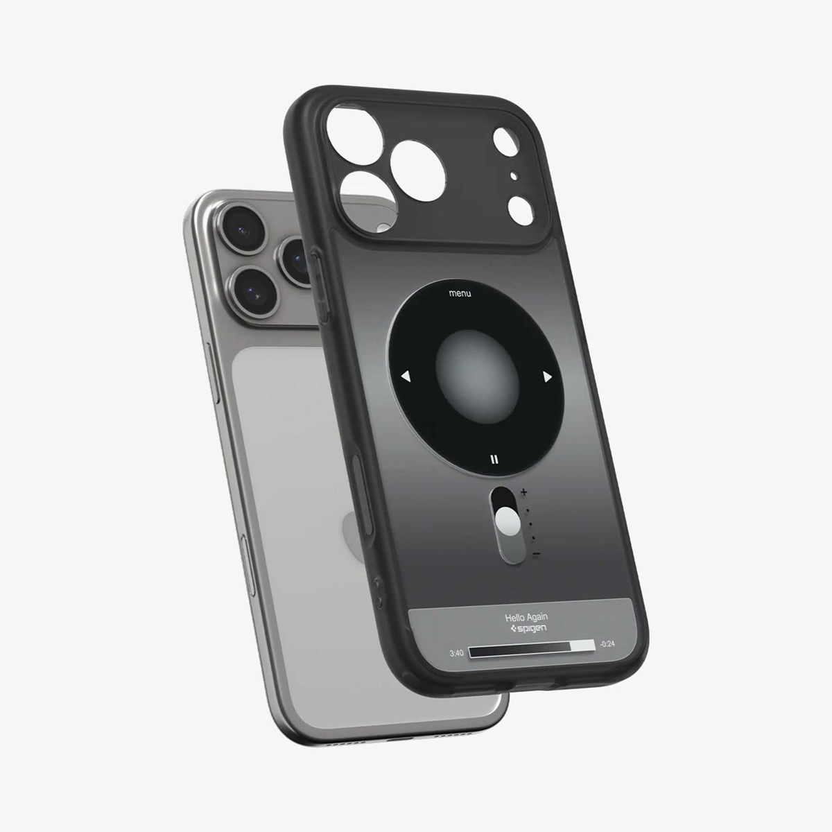 Twee smartphones, één met een hoesje dat lijkt op een oude iPod. De hoes is zwart en grijs. De telefoon achter is zilver.