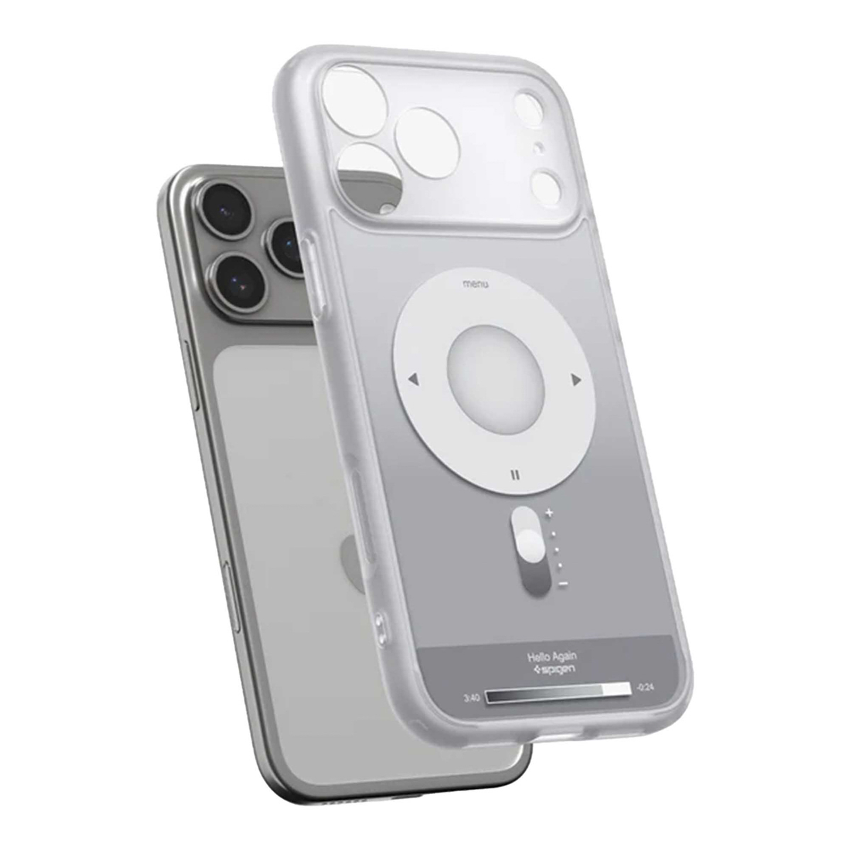 Un iPhone dans un étui transparent. Le design de l'étui ressemble à un iPod, avec une molette blanche et 'Hello Again'.