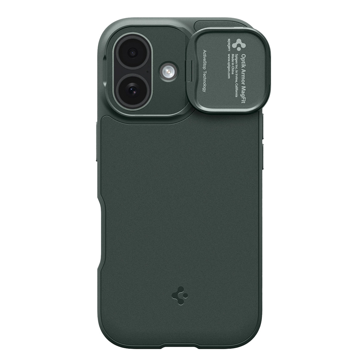 Una custodia per telefono verde scuro con protezione della fotocamera. La custodia ha il marchio "Spigen" e presenta ActiveStop Technology.