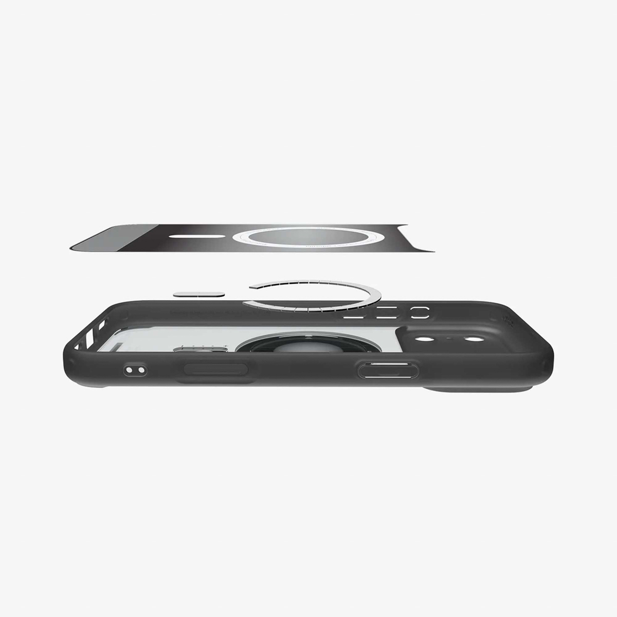 Een ontplofte weergave van een zwarte telefoonhoes met een magnetische ring en een aparte achterplaat, alles op een witte achtergrond.