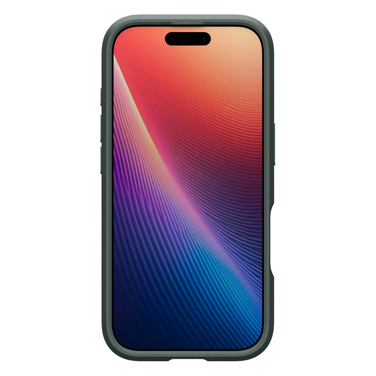 Uno smartphone in una custodia verde scuro mostra uno sfondo astratto colorato con sfumature di rosso, arancione e blu.