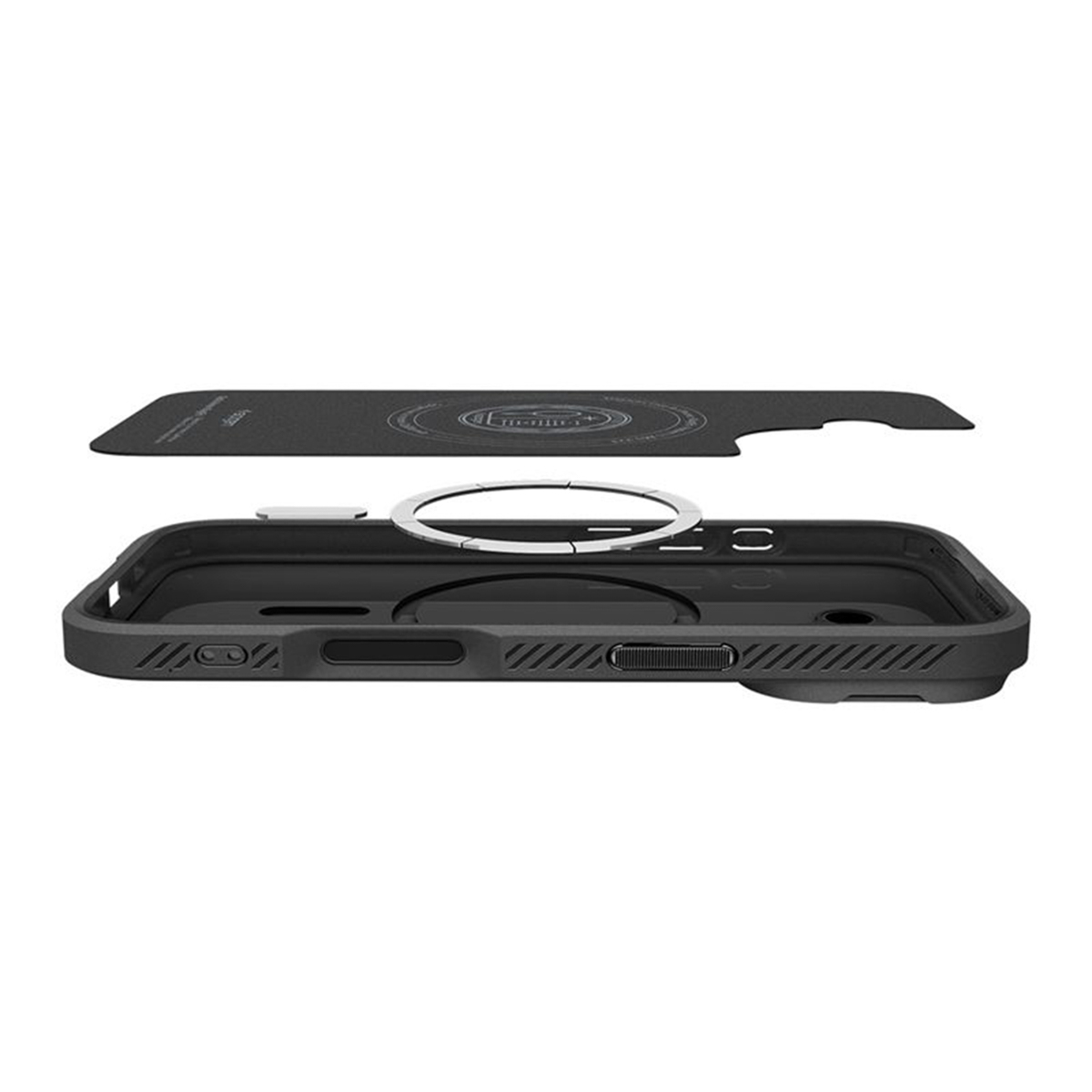 Una custodia per telefono smontata con un pannello posteriore separato, un anello metallico e una cornice nera. Le parti sono leggermente separate.